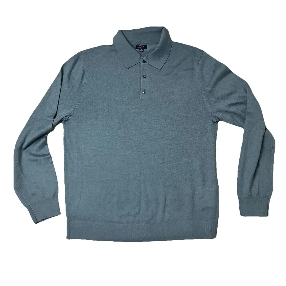 J.Crew Merino Wool Blend Sweater‎ Polo Mens L Blue Quiet Luxury Coastal Preppy
